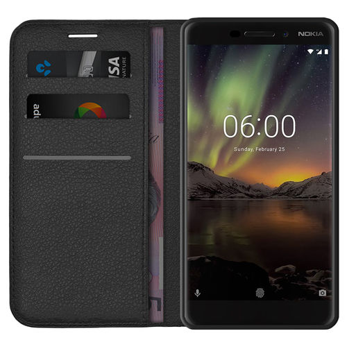 Leather Wallet Case & Card Holder Pouch for Nokia 6.1 (2018) - Black
